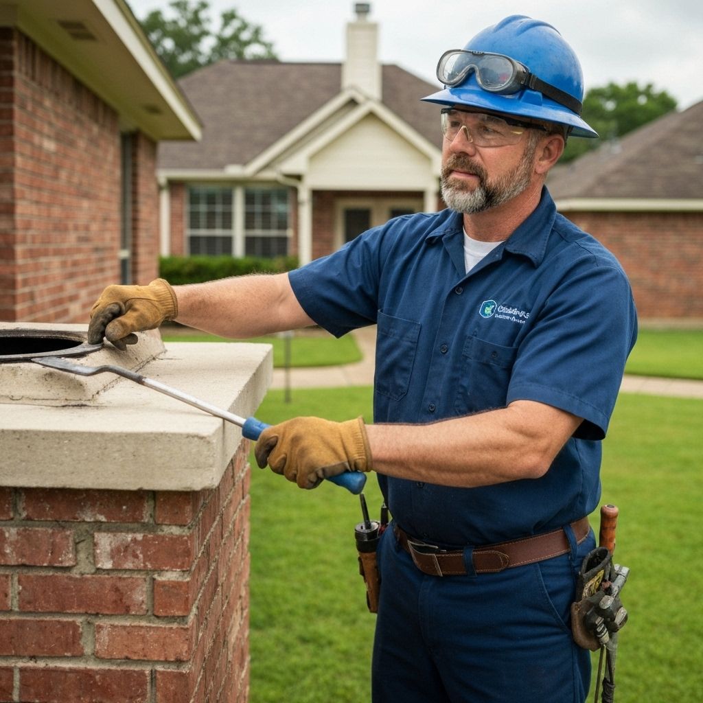 Professional chimney sweep technician at work in Houston